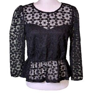 Story On Women’s Black Lace Peplum Whimsigoth Dark Romantic Vamp Long Sleeve Med